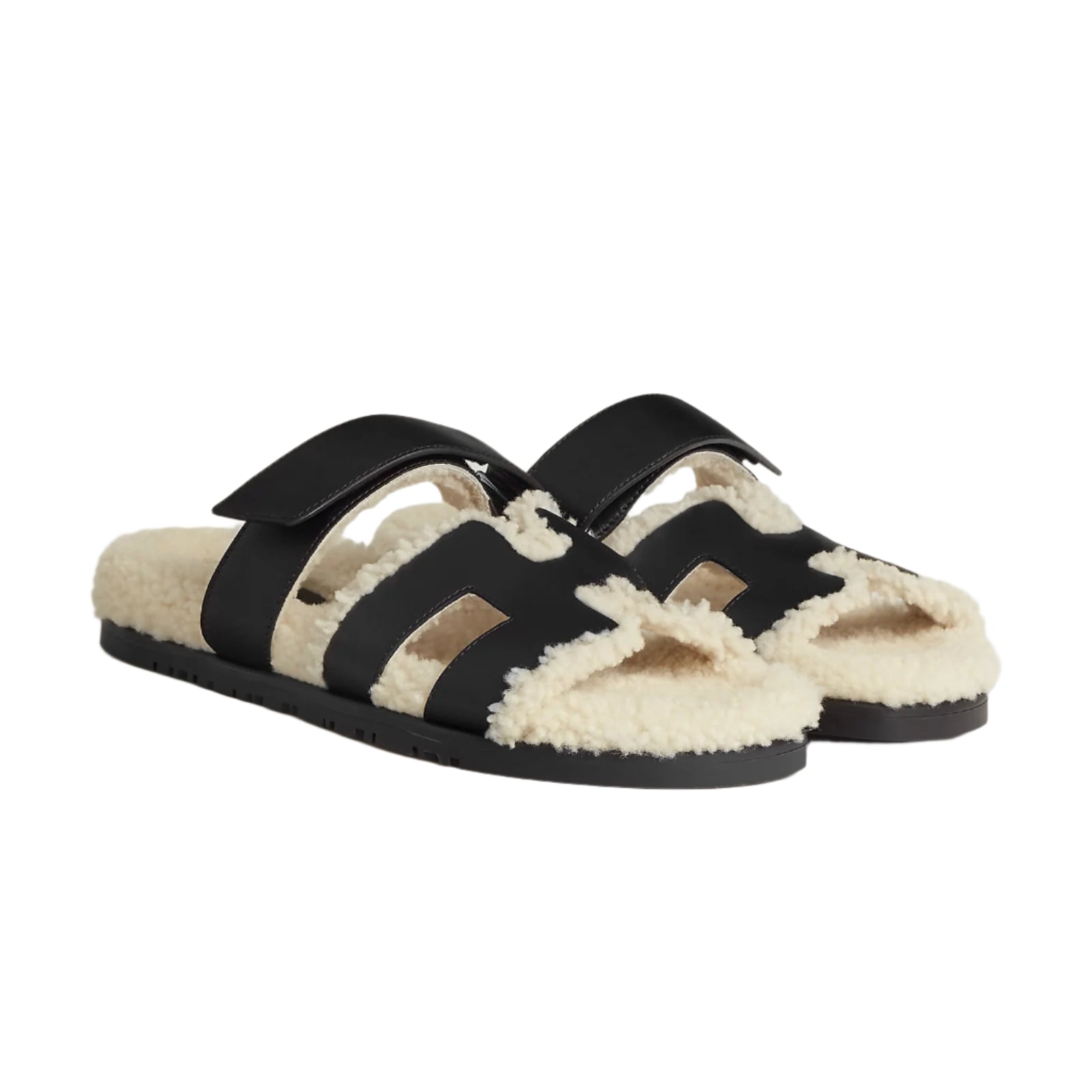 Hermès Chypre Sandal – Black / Écru Shearling